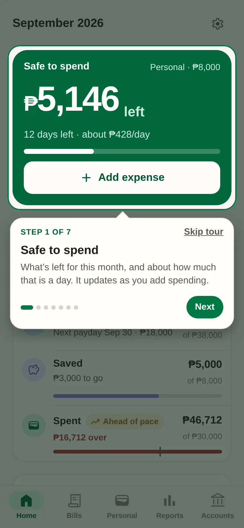 The first-time tour on Android lighting up Safe to spend