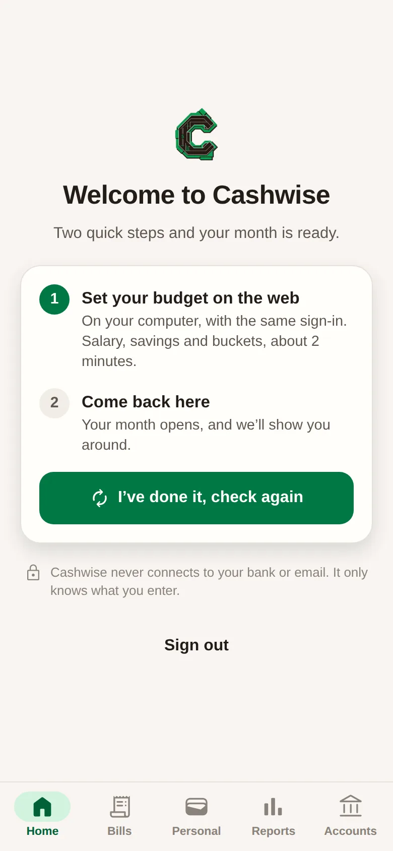 The Android app’s welcome for a new account