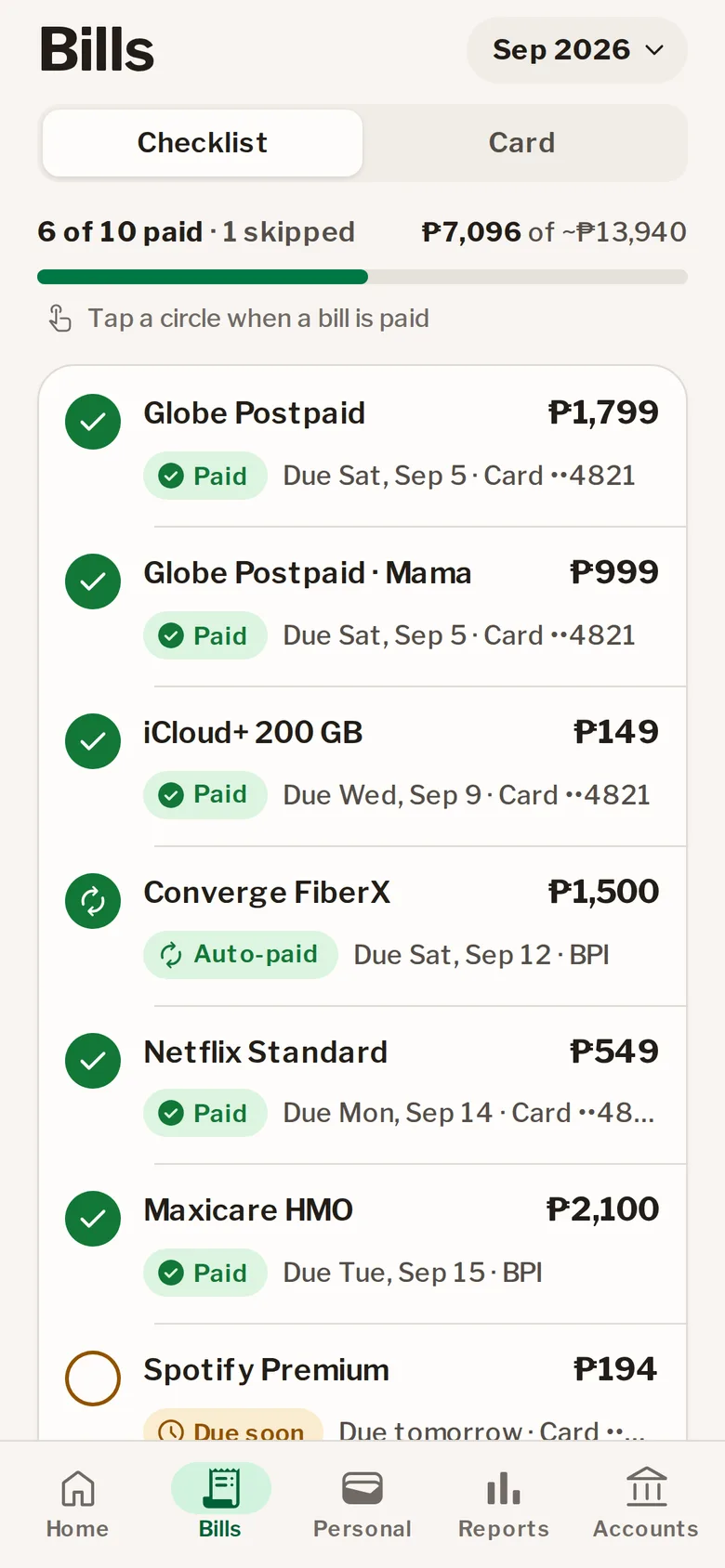 The Bills checklist with due dates and paid, due soon and pending states