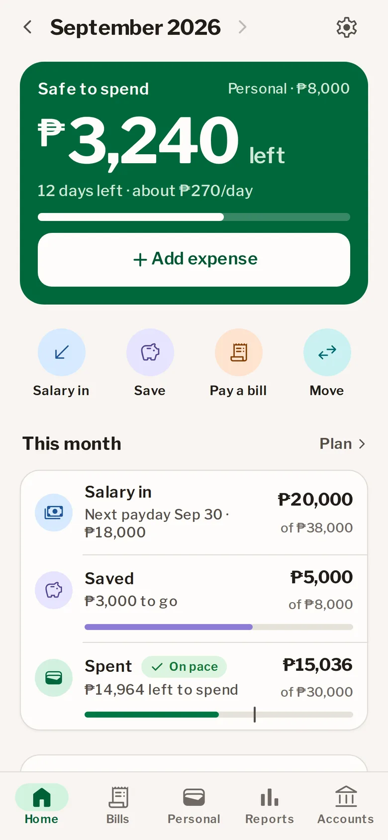 Cashwise Home showing ₱3,240 safe to spend with 12 days left in the month