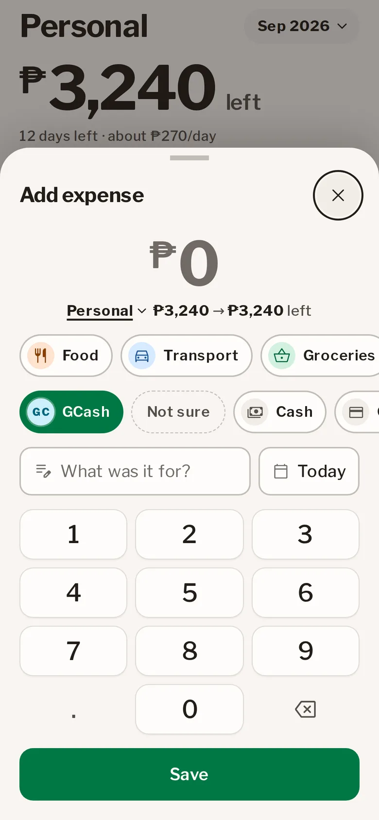 Quick add with a keypad, categories and accounts like GCash and Cash