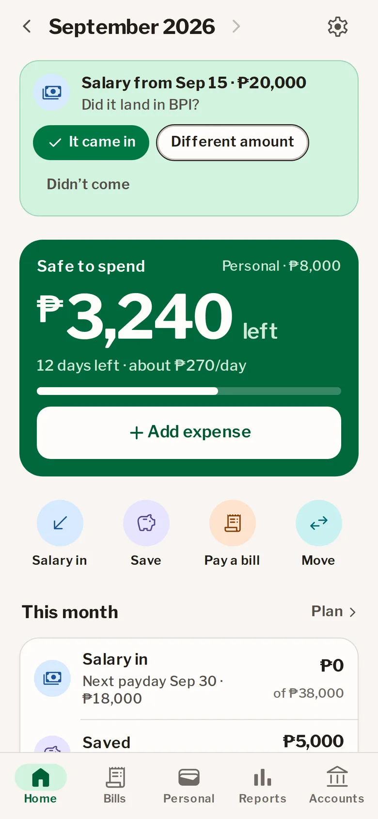 Cashwise's Salary day card asking to confirm a ₱20,000 salary